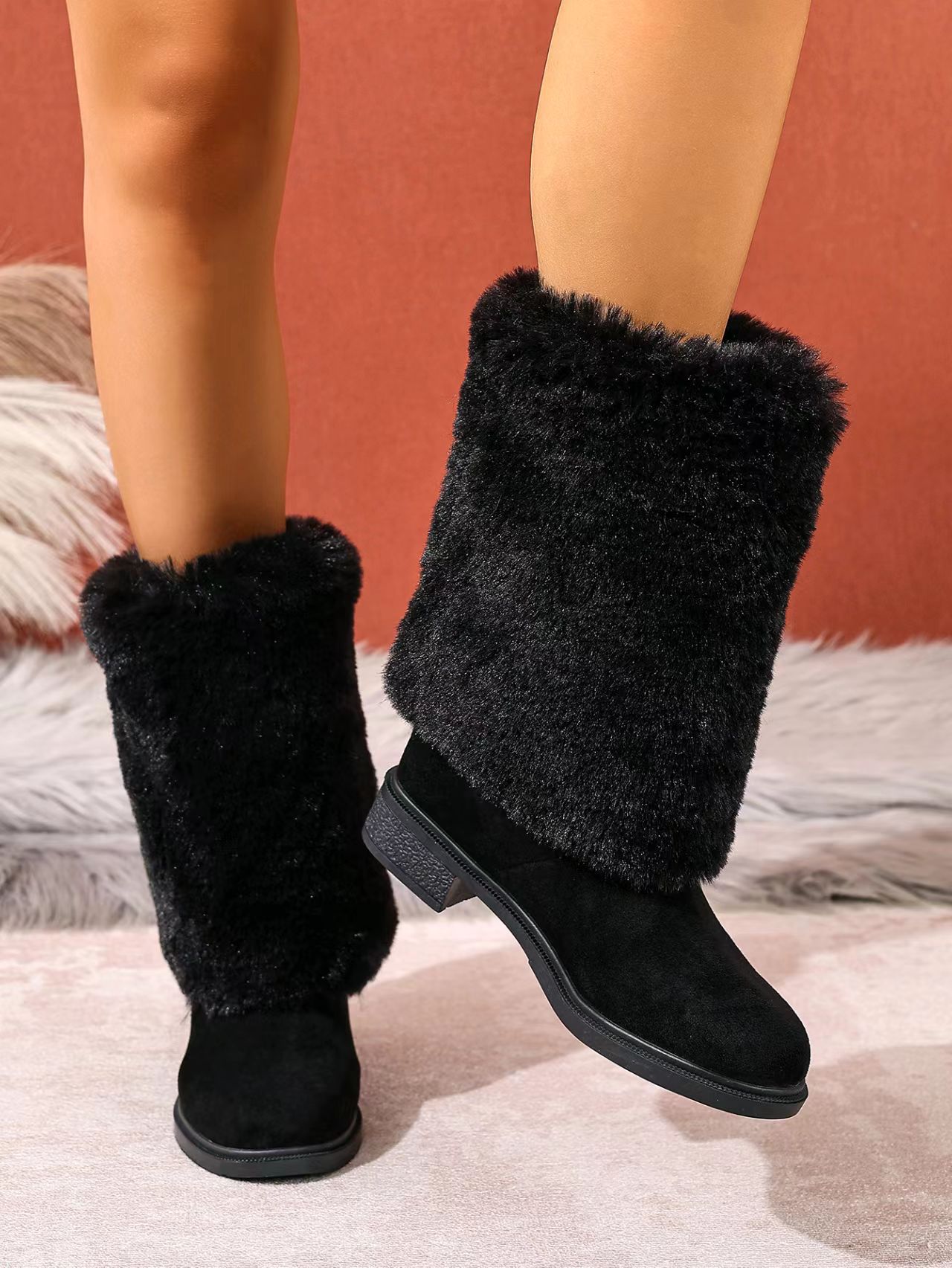 Botas de neve para mulher em camurça forradas com lã quente_voghion.com