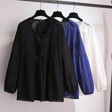 胖mm2024春季新款娃娃衫上衣韩版甜美洋气a字系带绣花大码衬衫女