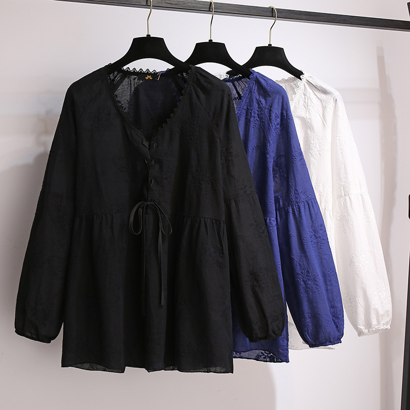 胖mm2024春季新款娃娃衫上衣韩版甜美洋气a字系带绣花大码衬衫女