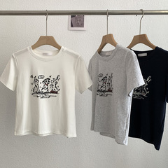 Omalai 三匹の子犬アニメ漫画プリントラウンドネック半袖 Tシャツ韓国スタイル夏の女性のトップトレンディ 2677