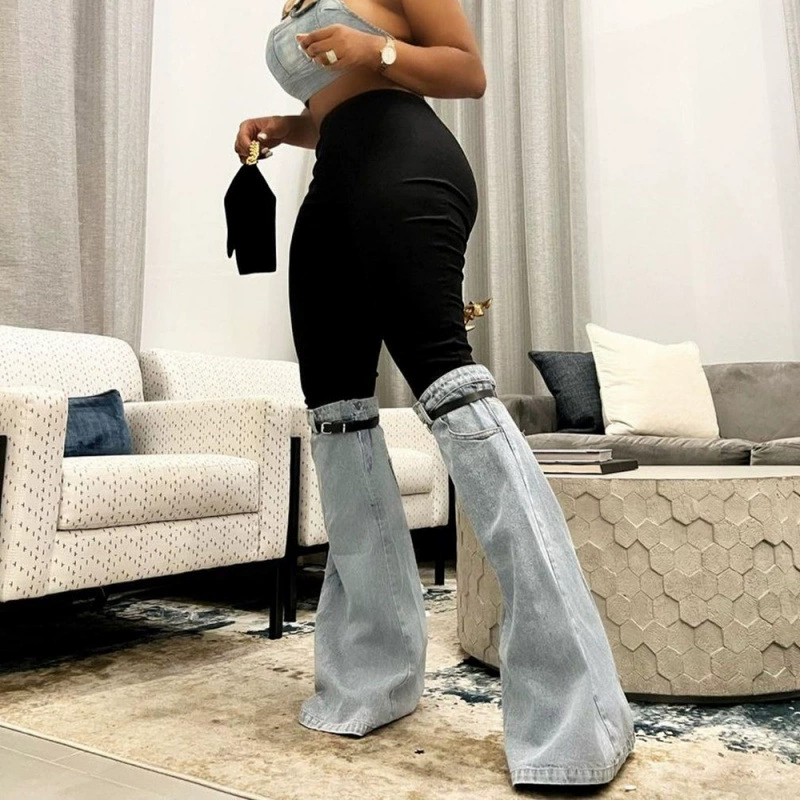 11014 Европа и США трансграничный 2024 новый стиль с высокой талией хлопка джинсовый сшивание дизайн чувство расклешенные брюки длинные женские
