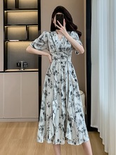 实拍温柔风水墨印花雪纺连衣裙中长款气质领甜美泡泡袖荷叶边裙