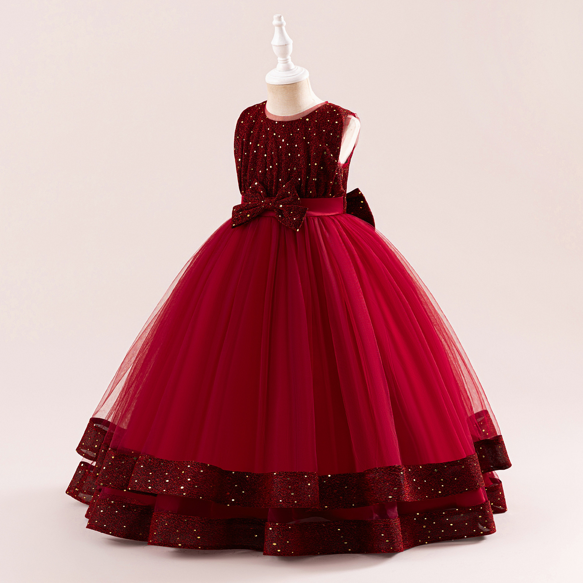 Vestido de princesa, vestido de moda de malla de sequillas, vestido de lazo, vestido de fiesta, vestido de noche