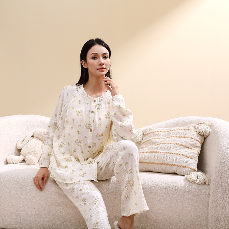 Spring and Autumn Cotton Crepe with Chest Pad Pastoral Style Postpartum Lactation Maternity Pajamas Maternal suit