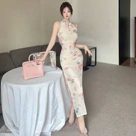 中式国风露肩性感印花改良式连衣裙高腰修身显瘦开叉中长款包臀裙