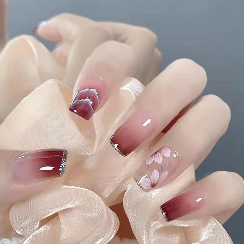 Brillo rosa y púrpura borde de diamante fresco de uñas de lujo delicado brillo de gradiente de uñas de moda de atmósfera suave