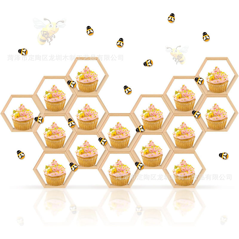 Wooden honeycomb paper cup cake rack farmhouse hexagonal display rack baby shower small wooden bee dessert rack