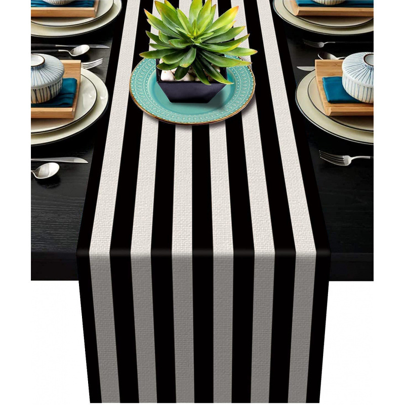 Bandera de mesa de rayas geométricas de lino de Amazon moderna y simple mantel a cuadros en blanco y negro almohadilla de mesa para el hogar image 7