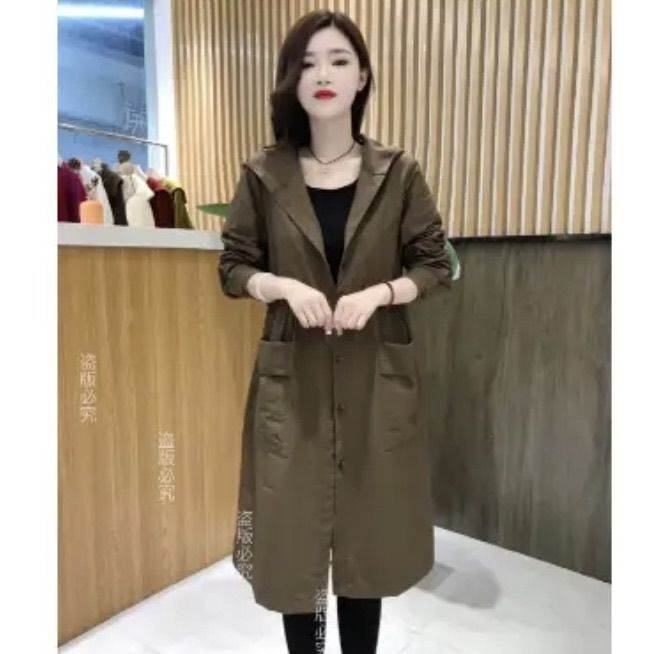 秋季年轻妈妈时尚风衣外套新款连帽纯色韩版口袋中长款洋气宽松女|undefined
