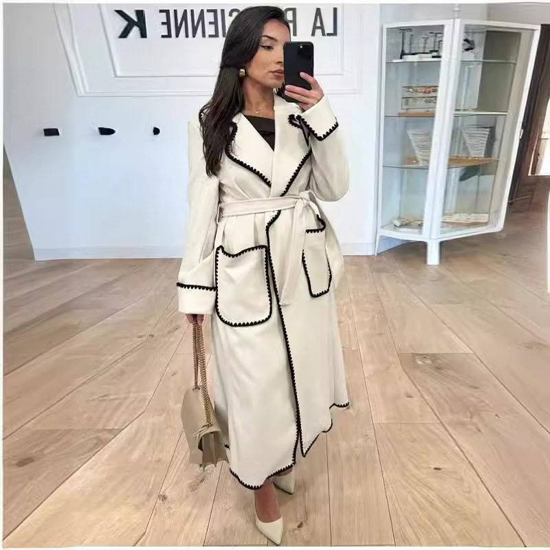 Women's Clothing autumn and winter popular warm long sleeved lapel ladies woolen lace up coat_voghion.com