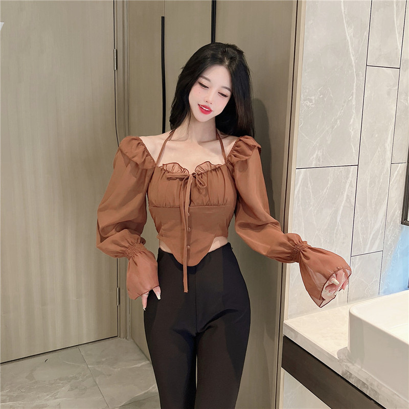 Cross-Border One-Shoulder Lace-Up Long-Sleeved Fungus-Edged Backless Suspender Shirt Halter Neck Short Chiffon Top with Breast Pads