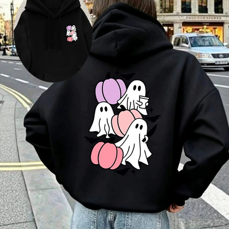 Pink and purple pumpkin cute ghost front and back print hoodie for women, Halloween loose pullover hoodie with back print