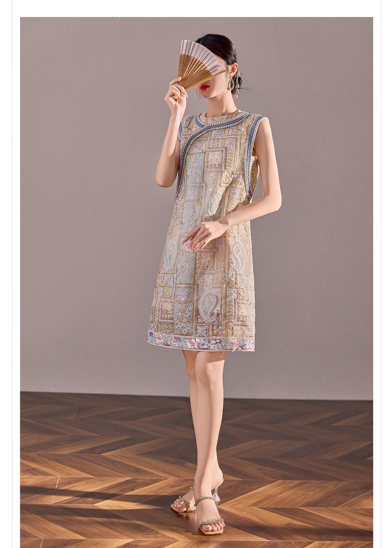 Đầm maxi nữ thêu tay phong cách Trung Hoa mới, tay ngắn, cổ tròn, chân váy dài có thể tháo rời — Màu xanh mơ chi tiết 6