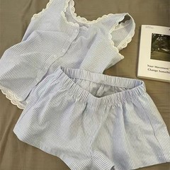 おしゃれなシンプルスタイルのストライプパジャマ、女性用夏用サスペンダーショーツ、ホームウェアとしても着用可能、ツーピース美少女スーツ