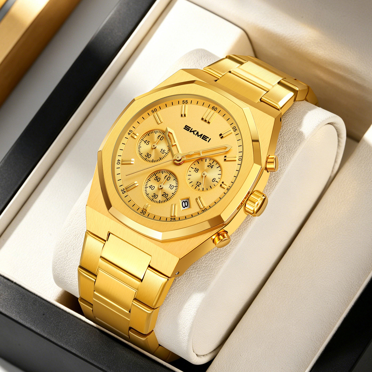 Momento de acero de octogón cronógrafo de cuarzo hombre impermeable relojes de negocios regalos personalizados mayoristas transfronterizos