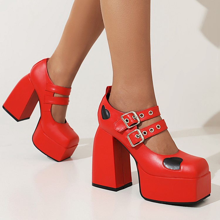 New square head double buckle love splicing single shoes waterproof platform thick high heel women's shoes_voghion.com