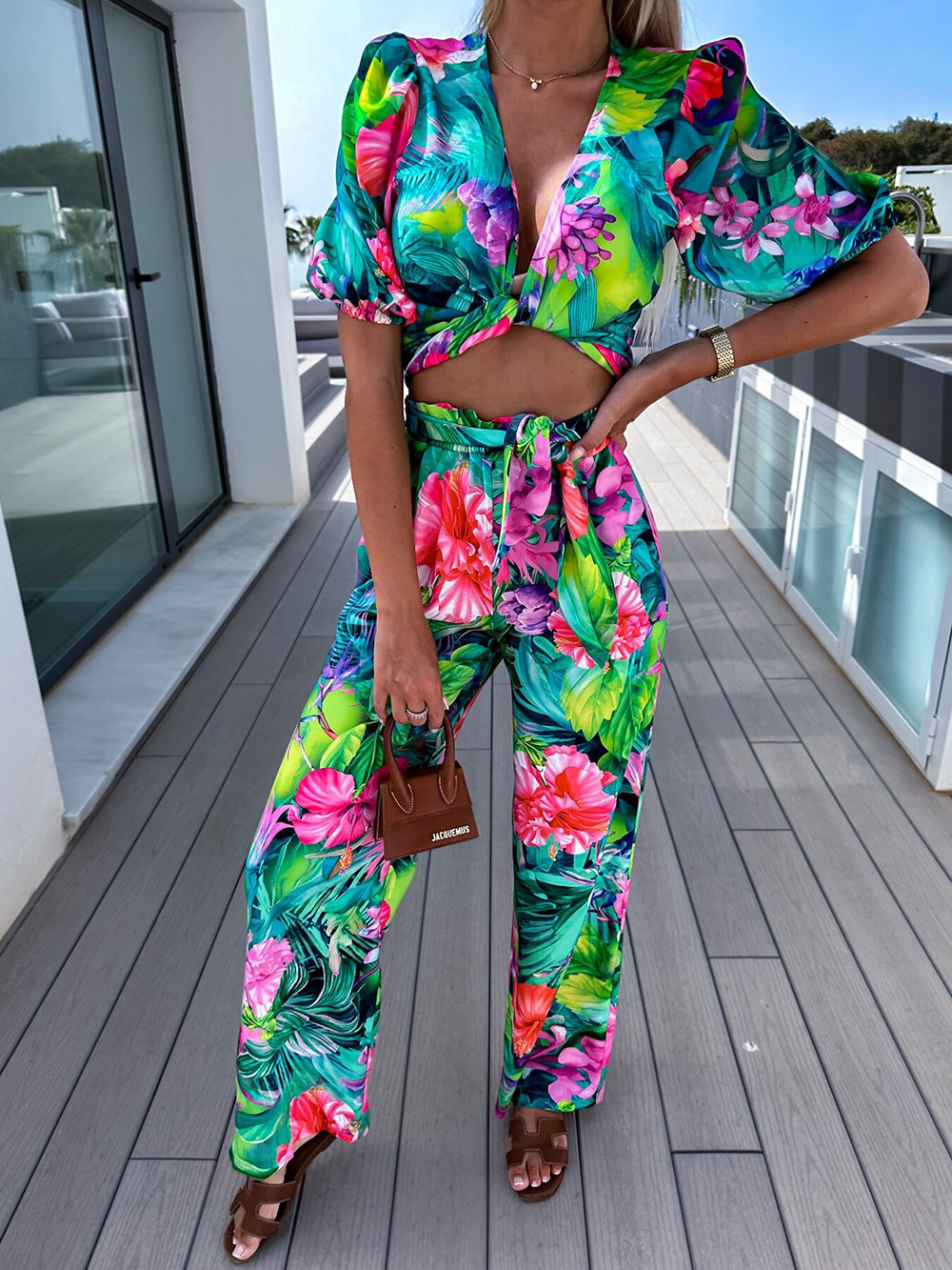 Daily Beach Women's Vacation Plant Flower Polyester Printing Zipper Pants Sets Pants Sets display picture 1