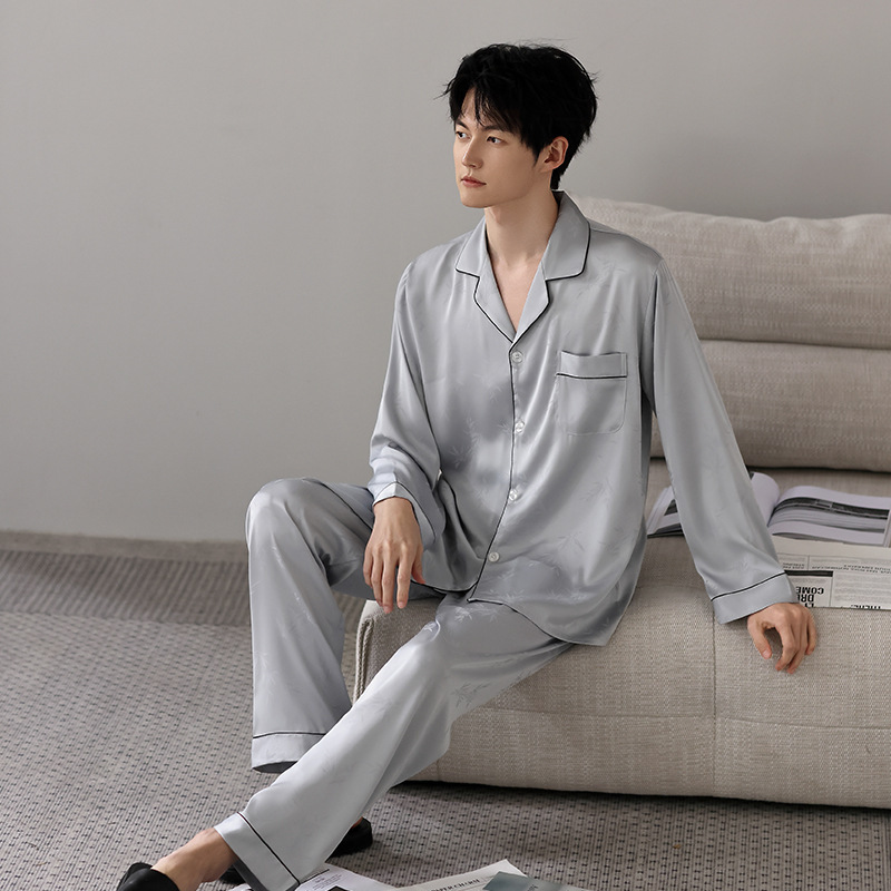 Han Yatong Satin Ice Silk Jacquard Pajamas Spring and Summer Men's Cardigan Set Can Be Worn Outside, Autumn Women's Loungewear New Product Han Yatong Satin Ice Silk Jacquard Pajamas Spring and Summer Men's Cardigan Set Can Be Worn Outside, Autumn Women's Loungewear New Product