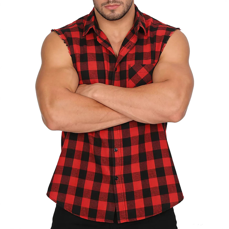 Amazon Cross-Border Personalized Men's Sleeveless Plaid Shirt with Lapel, Large Size, Loose and Breathable Shirt t Shir Amazon Cross-Border Personalized Men's Sleeveless Plaid Shirt with Lapel, Large Size, Loose and Breathable Shirt t Shir