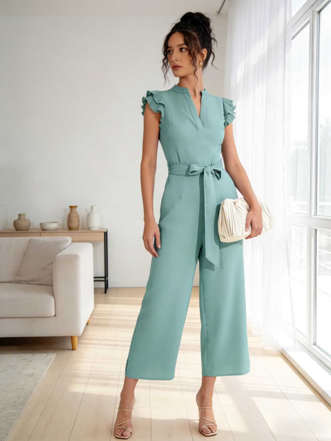 Europa y los Estados Unidos verde claro pantalones de verano para mujeres nuevo cuello en V de lótus lazos temperamento delgado pantalones de piernas anchas tendencia