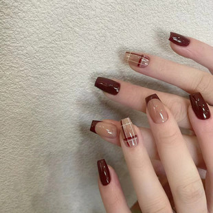 Wearable Nails, Medium-Length European Square Manicure Pieces, Cherry Red French Fake Nails, White Geometric Lines, Simple and Classy