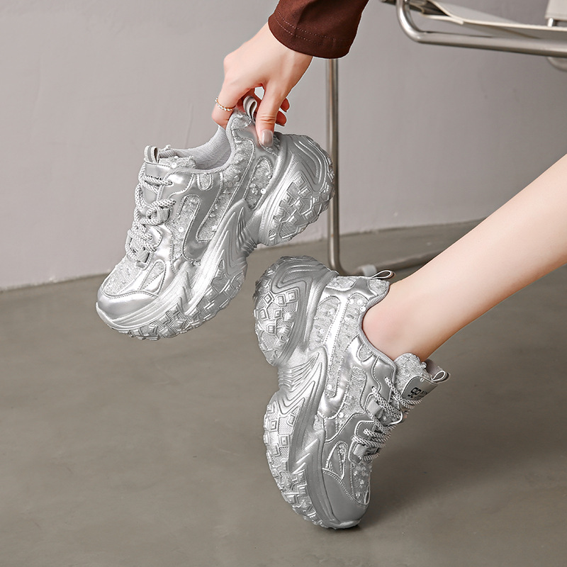 Size 35-43 Fashion Sequin Breathable Trendy Tire Sole Dad Shoes for Women Spring Summer New Height-Increasing Sports Casual Shoes