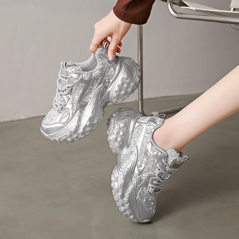 Женские модные кроссовки с блестками, дышащие, трендовые, на толстой подошве, размер 35-43, весна-лето, новые, увеличивающие рост, спортивные, повседневные.