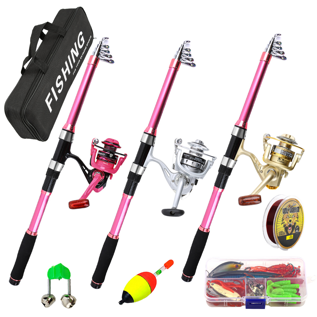 2.7m Pink Fishing Rod Three-Color Fishing Reel Optional Fiberglass Fishing Gear Set Sea Rod Long Shot Telescopic Cross-Border Wholesale