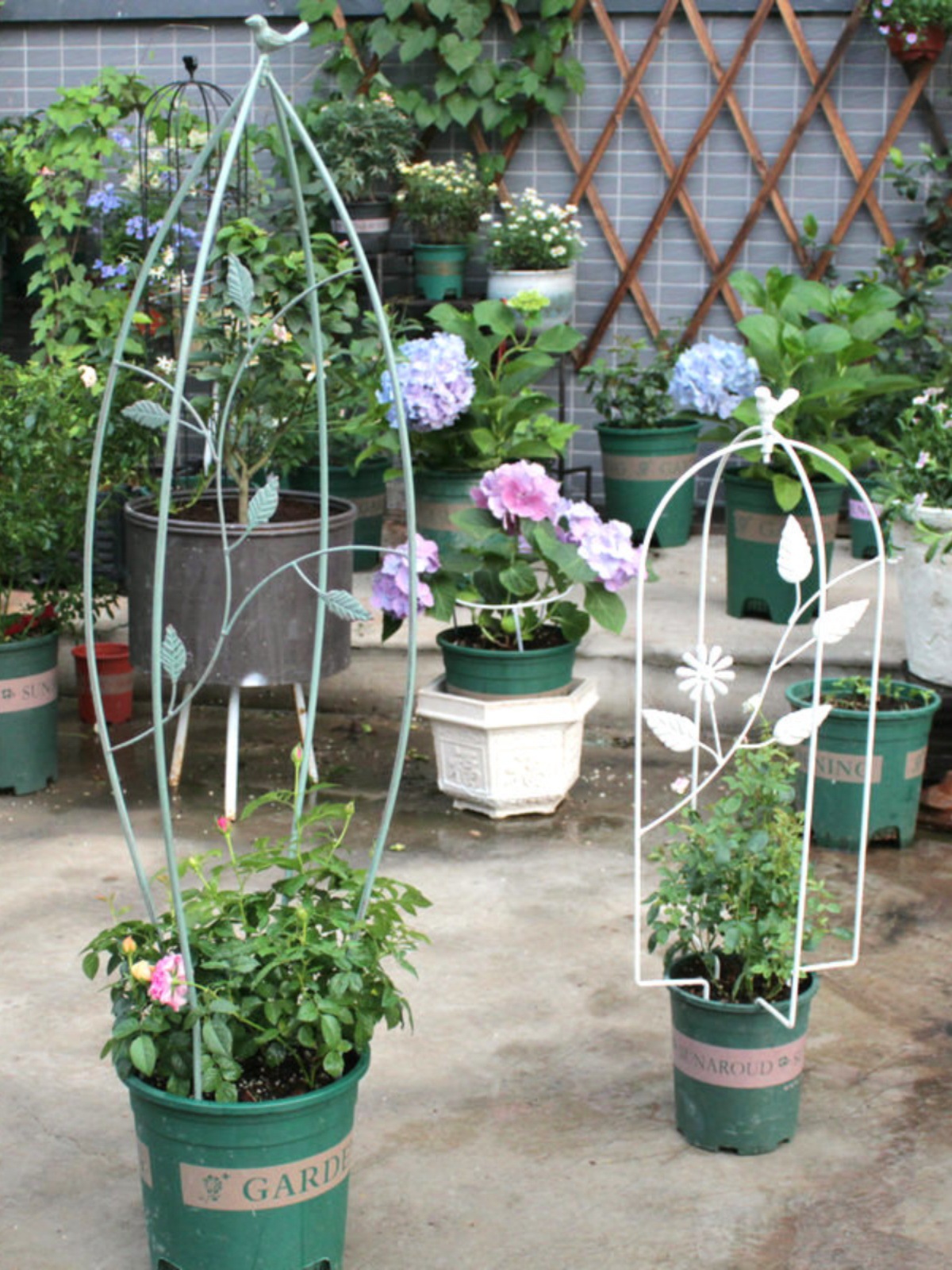 欧式叶蔓小鸟爬藤架 复古做旧铁艺花架蓝雪花铁线莲月季支架