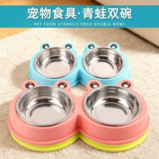 跨境PP卡通青蛙宠物慢食碗 防噎双碗不锈钢内胆 狗狗猫咪防滑食盆