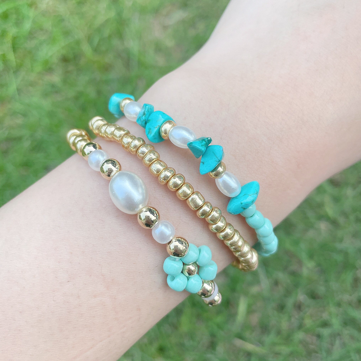 Twin Wind Flowers Beaded Plastic/Resin No Inlaid Bracelets Jewelry 3 Pieces