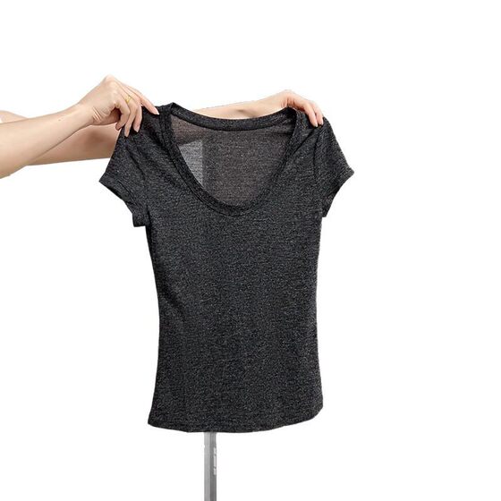 Summer Thin Skin-Friendly Short-Sleeved T-Shirt Women's Solid Color Shoulder U-Neck Niche Design Sense Low Neck Shock Collarbone Clothes