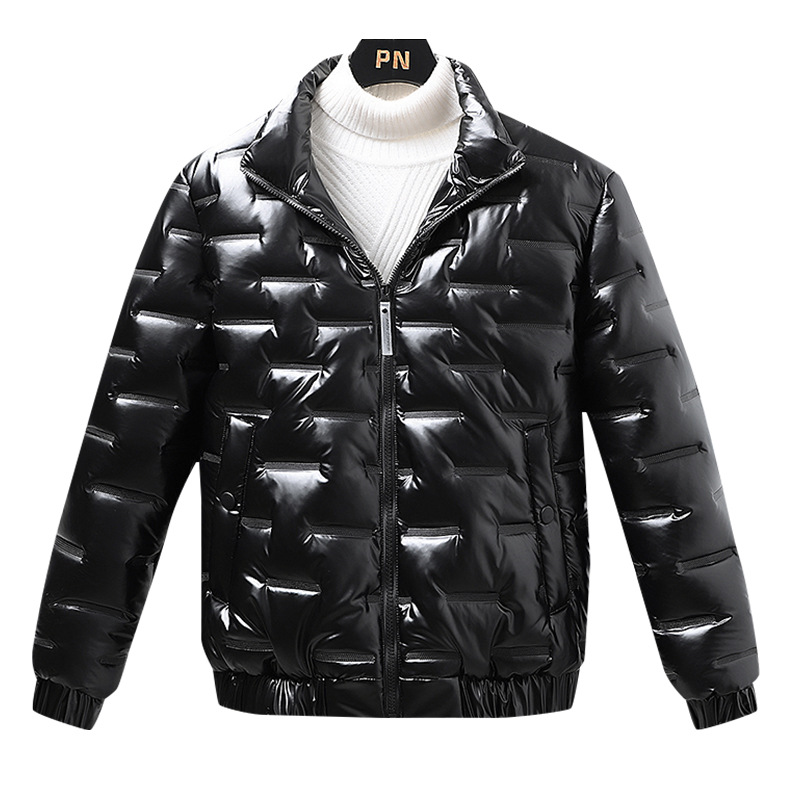 2023 Winter New Solid Color Bright Face Men's Casual Slim Fit Stand Collar Thick Cotton Jacket_voghion.com