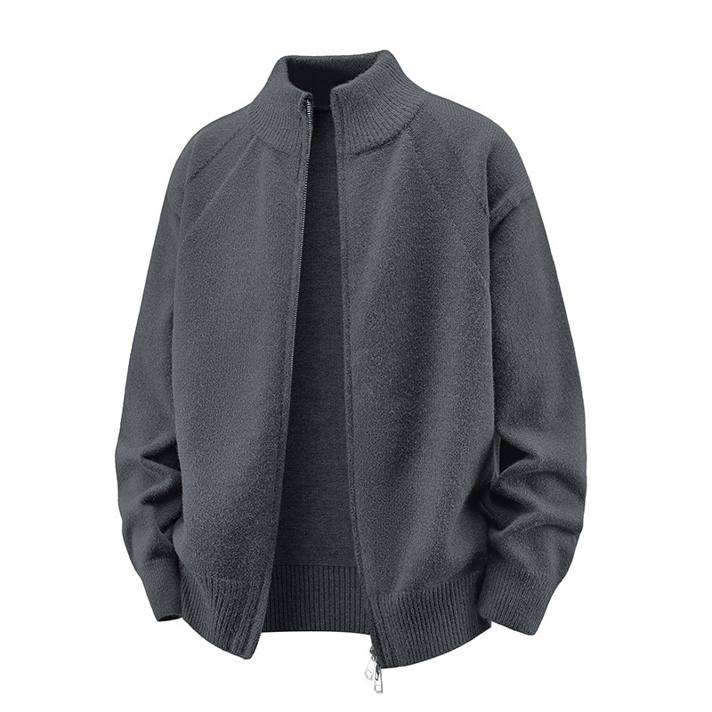 Explosiones transfronterizas de tamaño europeo de gran tamaño de cuello de pie cardigán chaqueta suéter de punto suéter de hombre doble cremallera fábrica al por mayor