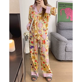 小红书网红同款长袖长裤仿真丝睡衣女开衫女孩家居服睡衣批发