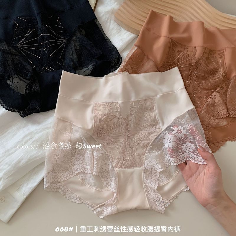 刺绣贵妇提拉高腰收腹弹力贴合轻薄提臀桑蚕丝裆部高品女生三角裤|undefined