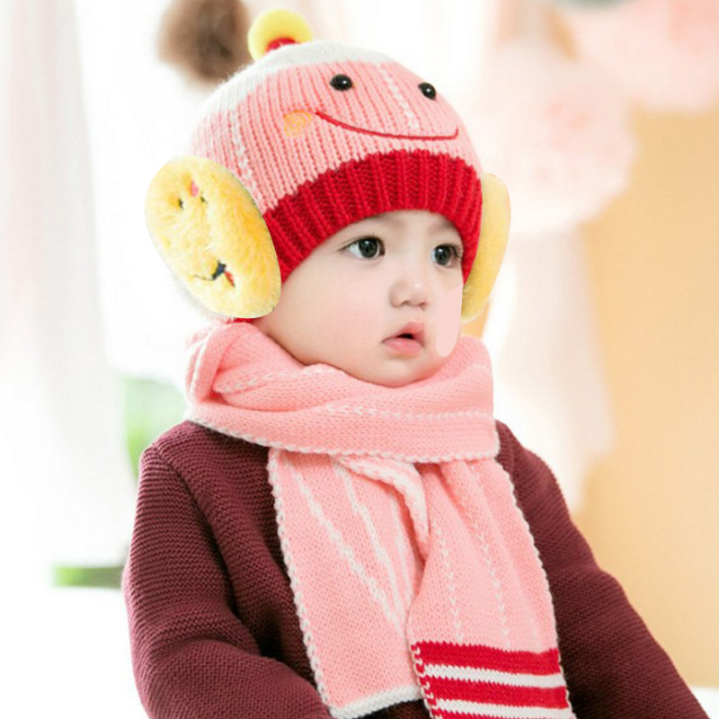 韩版秋冬款有型kids hat  婴儿帽子笑脸铅笔围巾童帽套装|ms