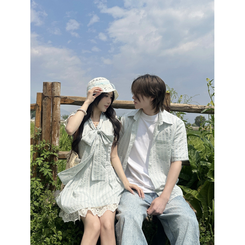 2025 Summer Wind Chimes School Girl Sweet Girl Lace light blue Temperament French dress Couple Short Sleeve Shirt 2025 Summer Wind Chimes School Girl Sweet Girl Lace light blue Temperament French dress Couple Short Sleeve Shirt
