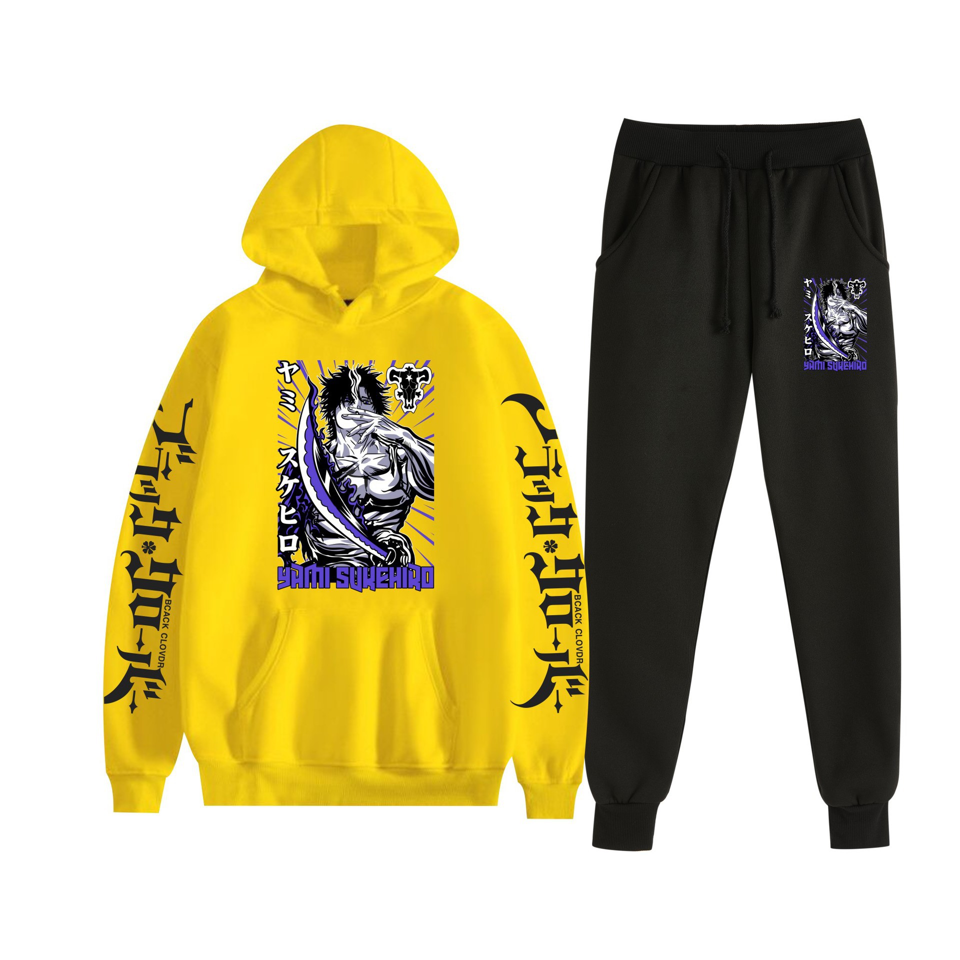 Trébol de cuatro hojas negro nuevo estilo transfronterizo Black Clover pareja suéter con capucha hombres y mujeres pantalones de dos piezas