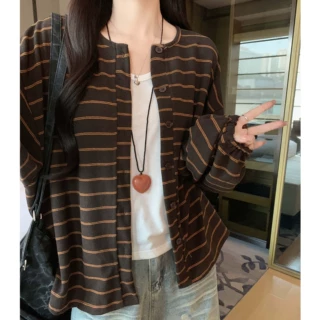 K2719定制复古慵懒风灯笼袖开衫外套女秋冬宽松条纹撞色长袖上衣