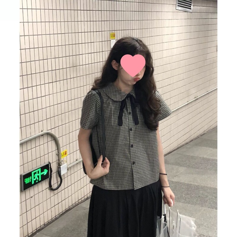 Japanese-Style College Style Bow Tie Plaid Doll Collar Shirt for Women, Summer Versatile Top for Petite Figures