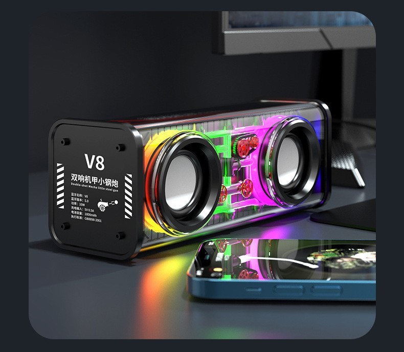 跨境V8V1蓝牙音箱透明机甲炫彩低音炮无线便携迷你桌面音响批发|undefined
