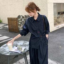 韩范盐系又酷又飒牛仔套装女秋季2025年新款休闲衬衫阔腿裤两件套