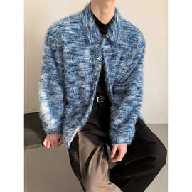 美式高街混色马海毛翻领针织衬衫男设计感小众外套休闲潮牌上衣