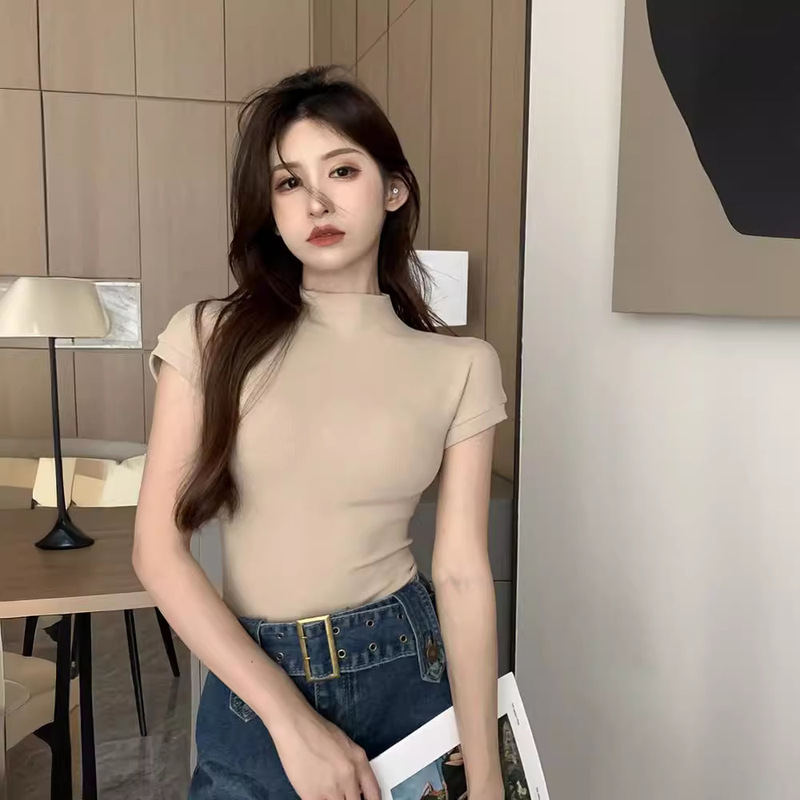 Women's Summer 2025 New Style Tight-Fitting Waist-Cinching Short-Sleeve Turtleneck T-Shirt with a Pure and Sexy Vibe, Trendy Top