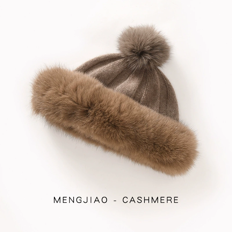 Съемная зимняя модная шапка унисекс с помпоном, вязаная шапка из меха лисы, восьмиугольная шапка из шерсти и кашемира