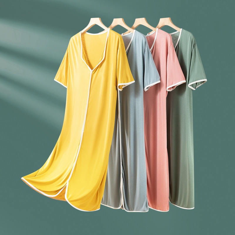 2025 Summer Thin Lapel Dress with Breast Pads for Women, Short-Sleeved, Solid Color, Loose Fit, Can Be Worn Outside, Home Wear