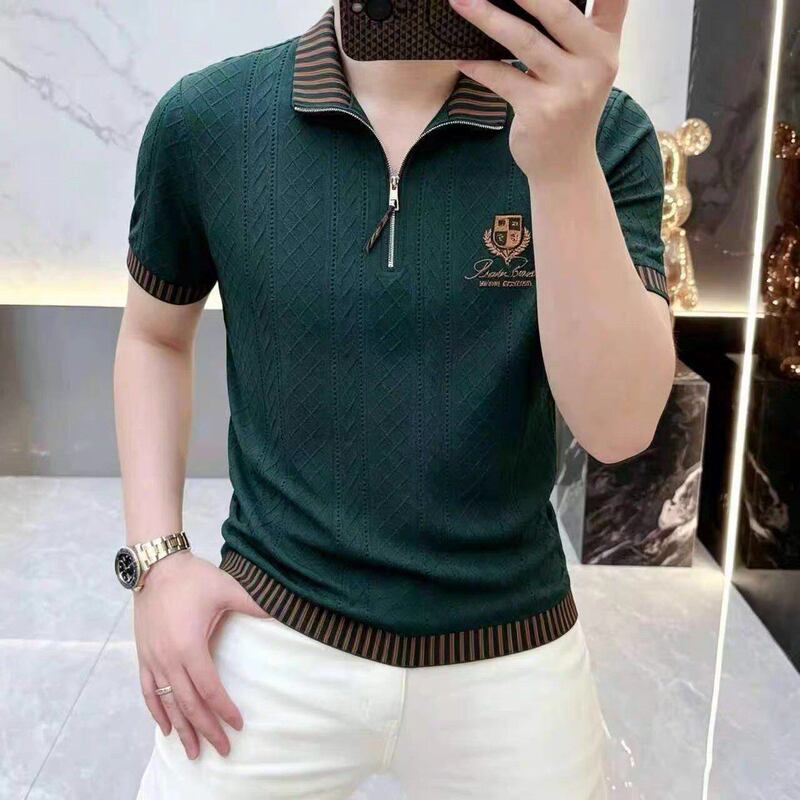 European-Style Summer Short-Sleeve Men's T-Shirt with a Turn-Down Collar, Half-Zip, Light Luxury, Simple Striped Jacquard Embroidery Polo Shirt European-Style Summer Short-Sleeve Men's T-Shirt with a Turn-Down Collar, Half-Zip, Light Luxury, Simple Striped Jacquard Embroidery Polo Shirt