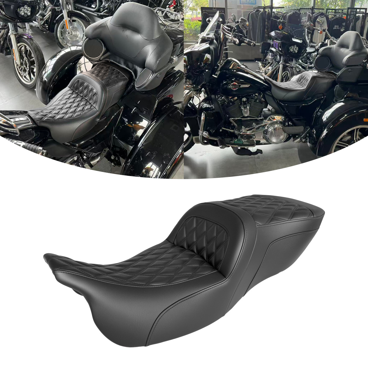Motorcycle double seat cushion compatible with Harley 09-25 Trike Glide, with built-in dual gel cushioning layers