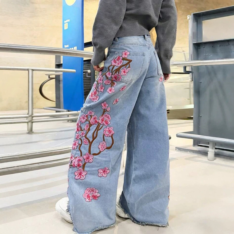 New Style Women's Denim Straight-Leg Pants, European and American Street Fashion, Popular on Instagram, Non-Elastic Embroidered Denim Straight-Leg